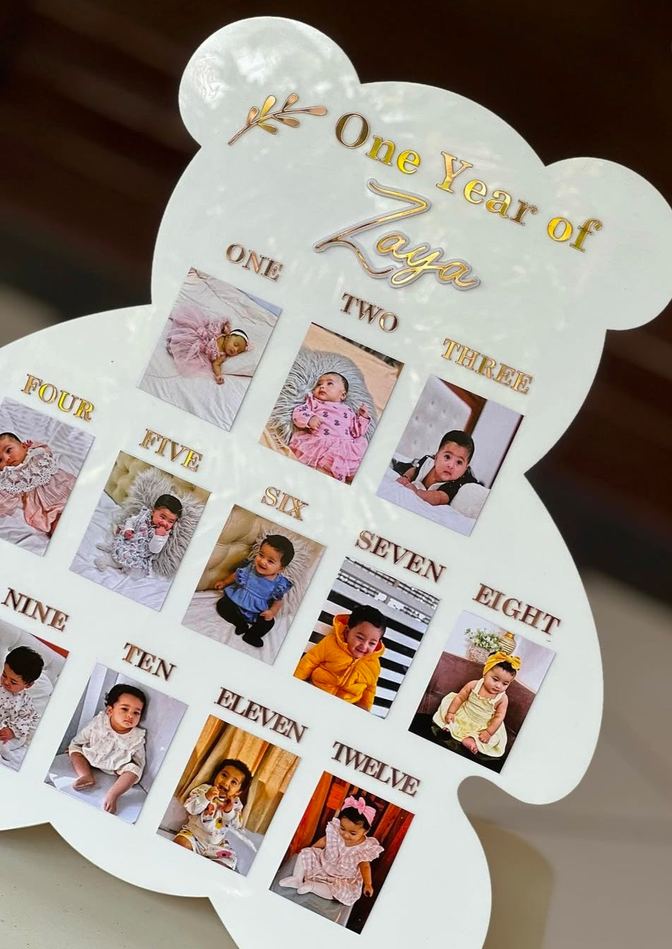Custom Wooden Bear Shape First Year Birthday Party Decorations Baby Photo Frame Nursery Decor Personalized Gift for Boy Girl