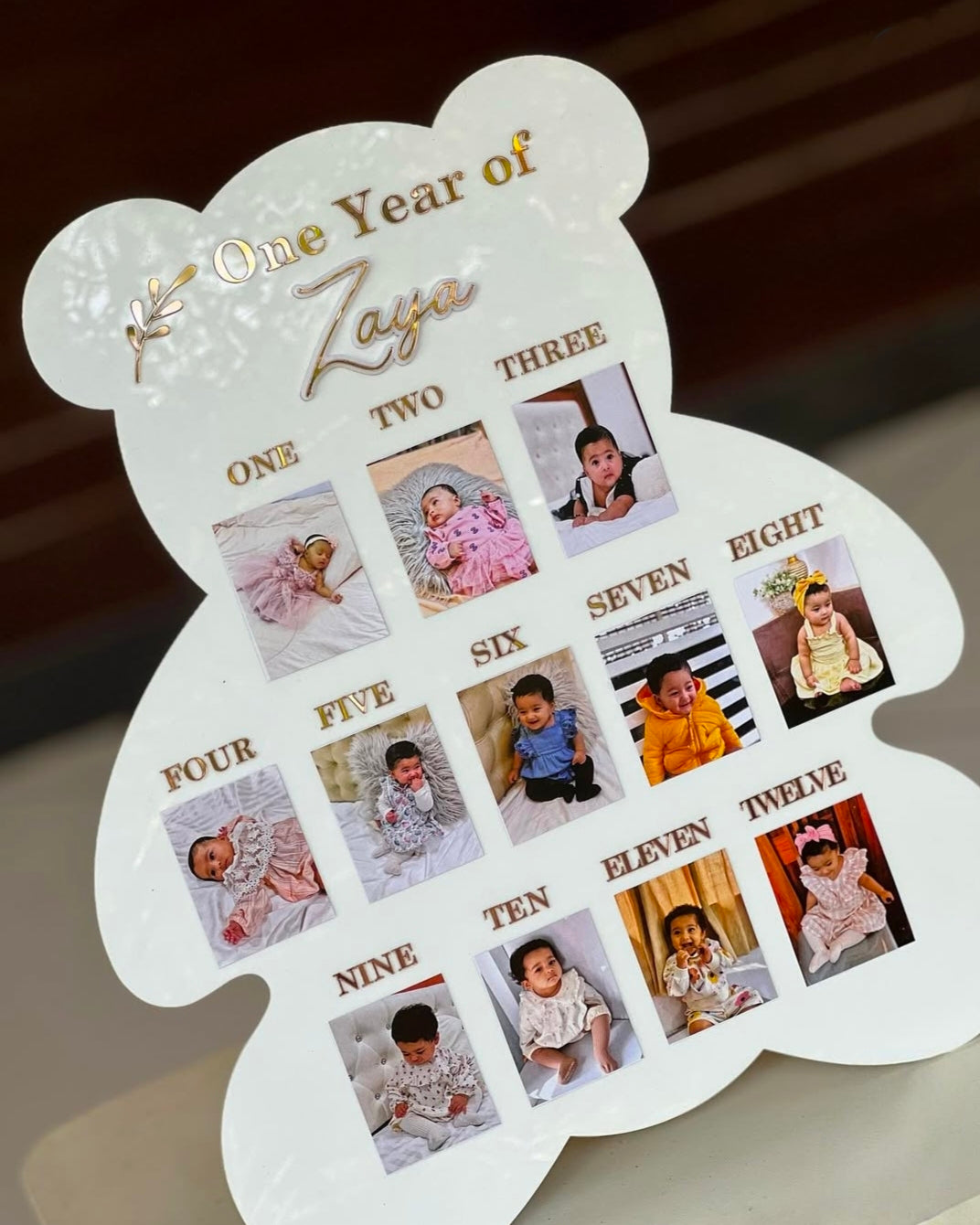 Custom Wooden Bear Shape First Year Birthday Party Decorations Baby Photo Frame Nursery Decor Personalized Gift for Boy Girl