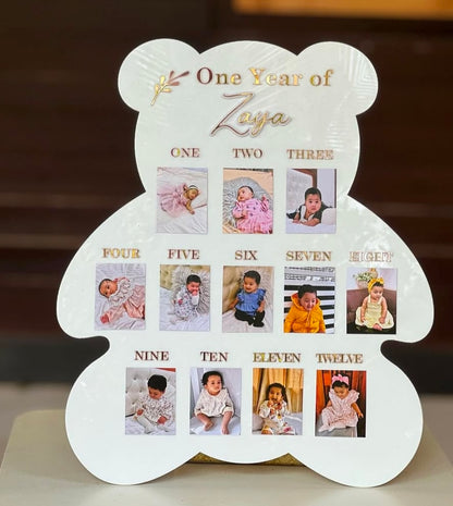 Custom Wooden Bear Shape First Year Birthday Party Decorations Baby Photo Frame Nursery Decor Personalized Gift for Boy Girl