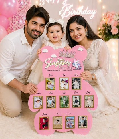 Custom Wooden Bear Shape First Year Birthday Party Decorations Baby Photo Frame Nursery Decor Personalized Gift for Boy Girl