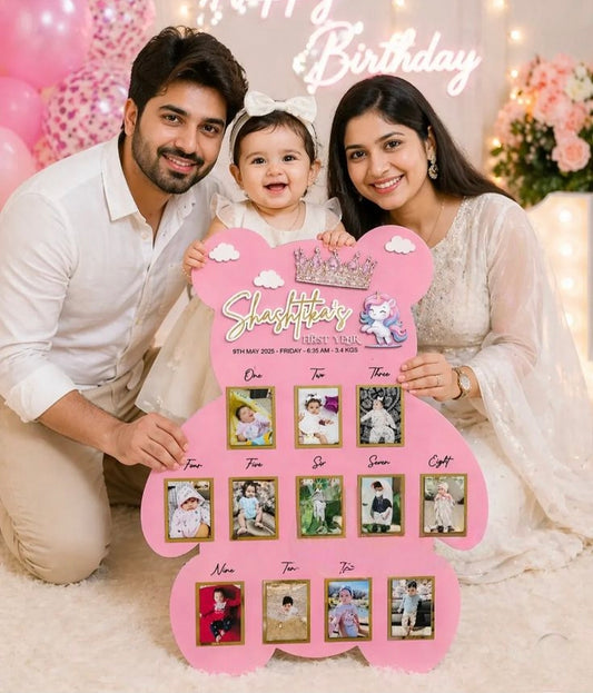 Custom Wooden Bear Shape First Year Birthday Party Decorations Baby Photo Frame Nursery Decor Personalized Gift for Boy Girl