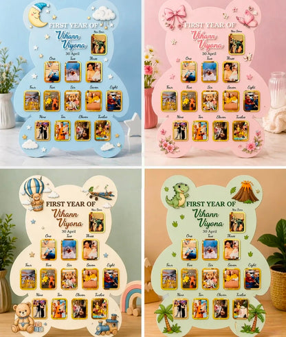 Custom Wooden Bear Shape First Year Birthday Party Decorations Baby Photo Frame Nursery Decor Personalized Gift for Boy Girl