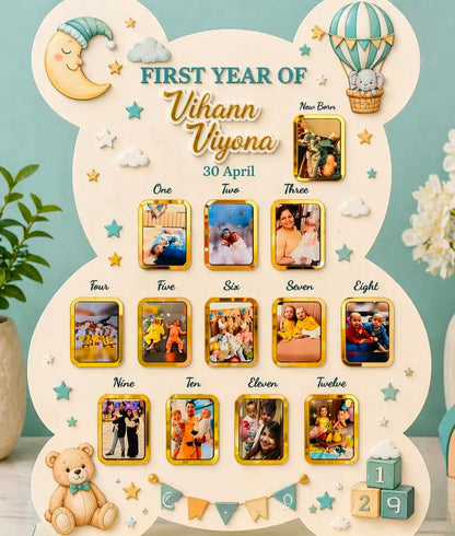 Custom Wooden Bear Shape First Year Birthday Party Decorations Baby Photo Frame Nursery Decor Personalized Gift for Boy Girl