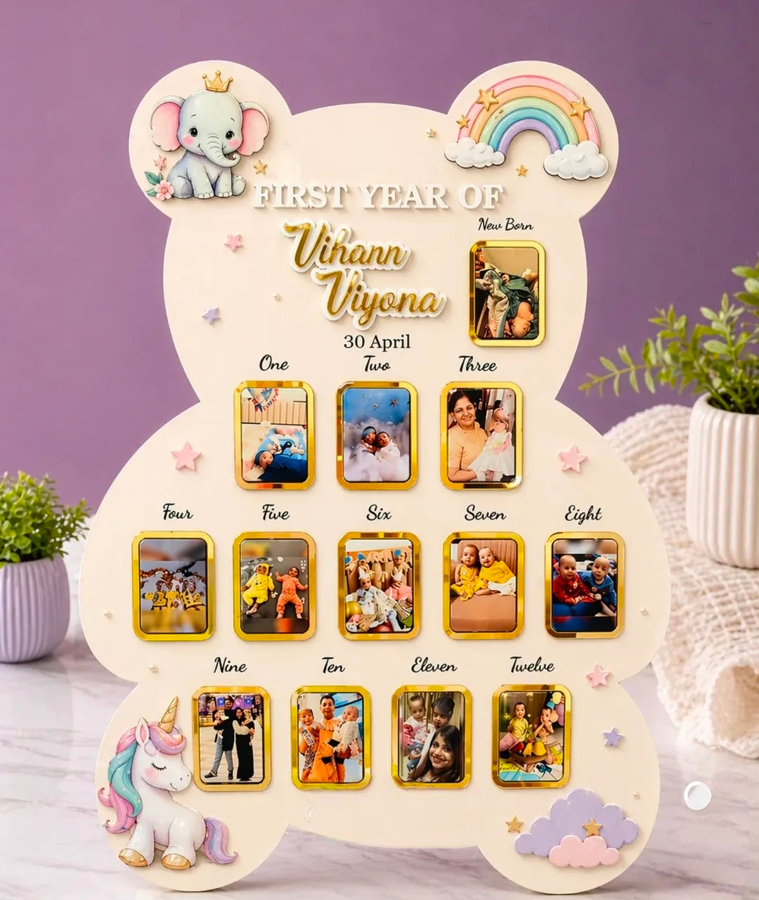 Custom Wooden Bear Shape First Year Birthday Party Decorations Baby Photo Frame Nursery Decor Personalized Gift for Boy Girl