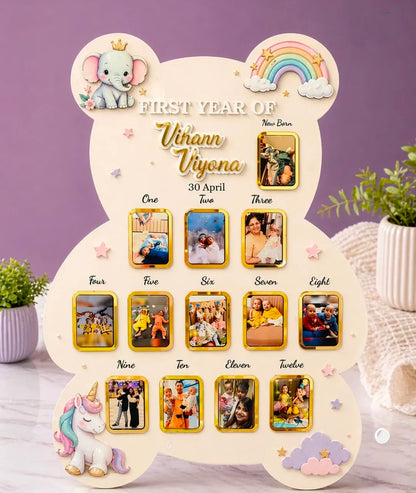 Custom Wooden Bear Shape First Year Birthday Party Decorations Baby Photo Frame Nursery Decor Personalized Gift for Boy Girl