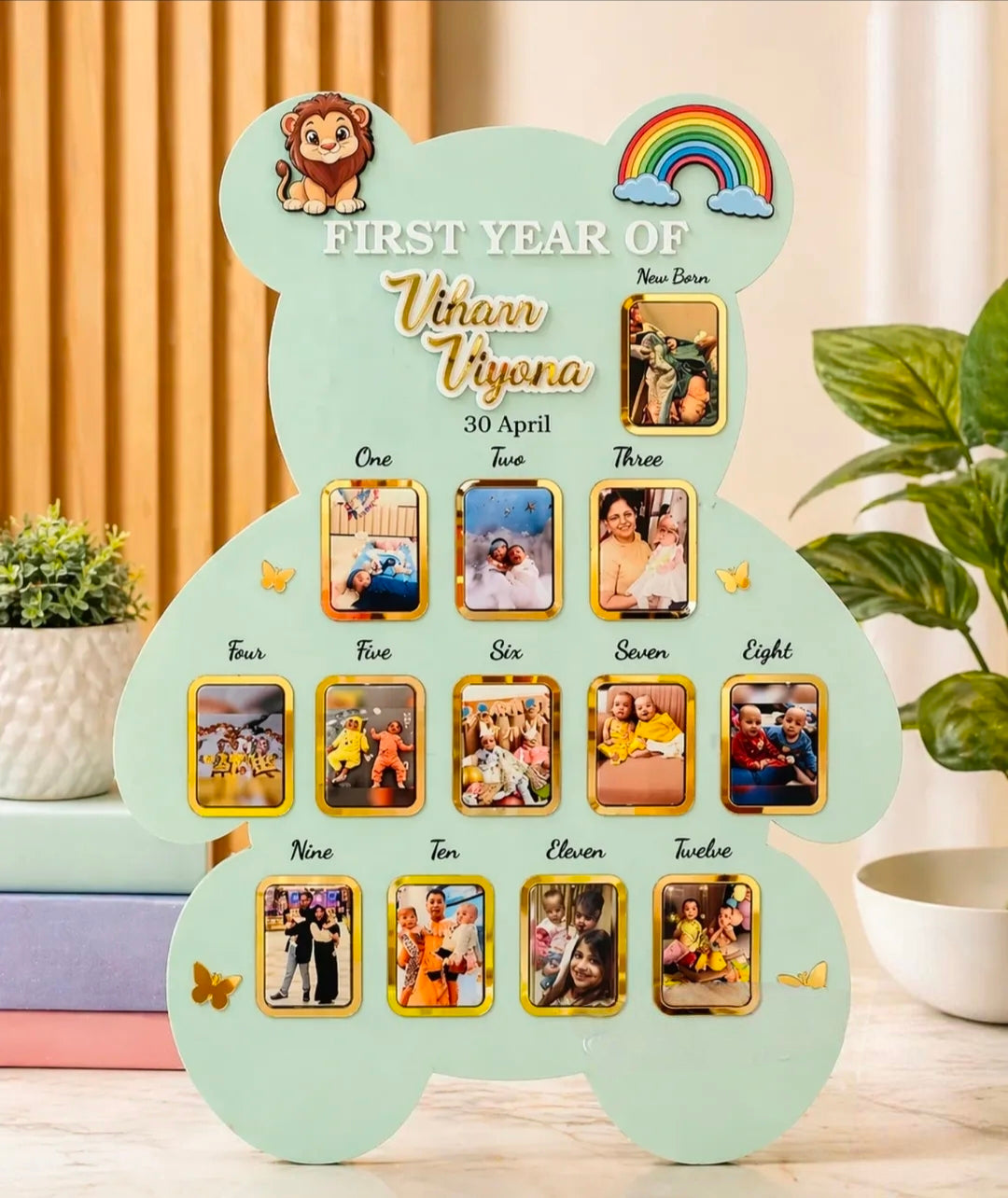 Custom Wooden Bear Shape First Year Birthday Party Decorations Baby Photo Frame Nursery Decor Personalized Gift for Boy Girl